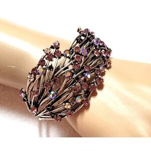 Rhinestone Clamper Bracelet Purple Pink AB Silvertone Metal Boho Fairy Cottage